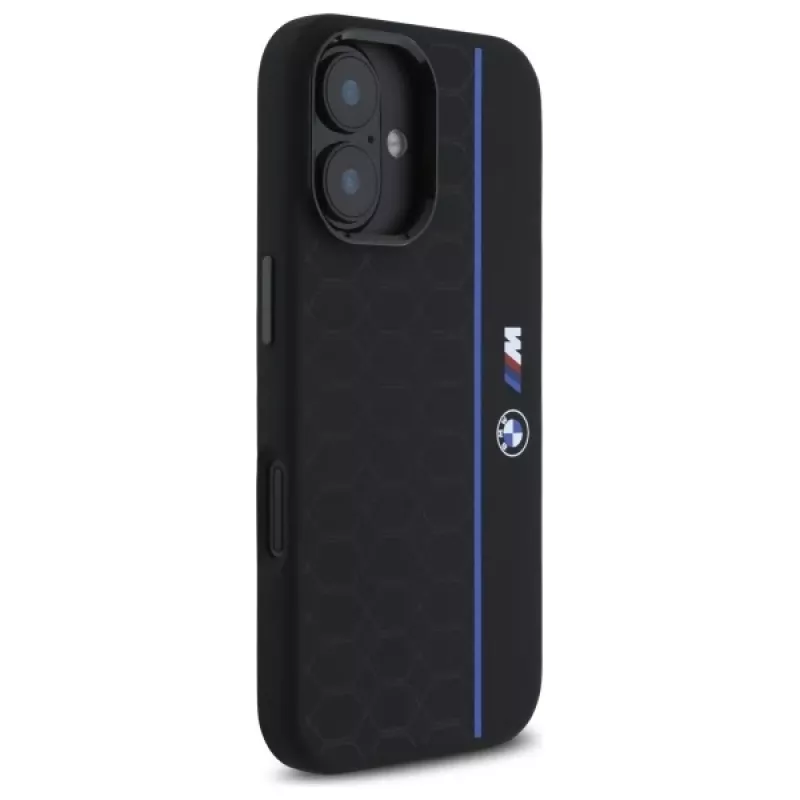 BMW BMHMP16S23SHEB iPhone 16 6,1 Zoll Schwarze Silikon Hartschale Hexagon Blue Line MagSafe