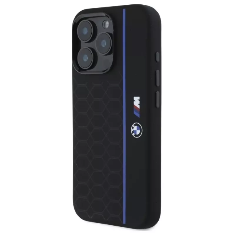 BMW BMHMP16L23SHEB iPhone 16 Pro Hard Case Silicone Hexagon Blue Line MagSafe Black