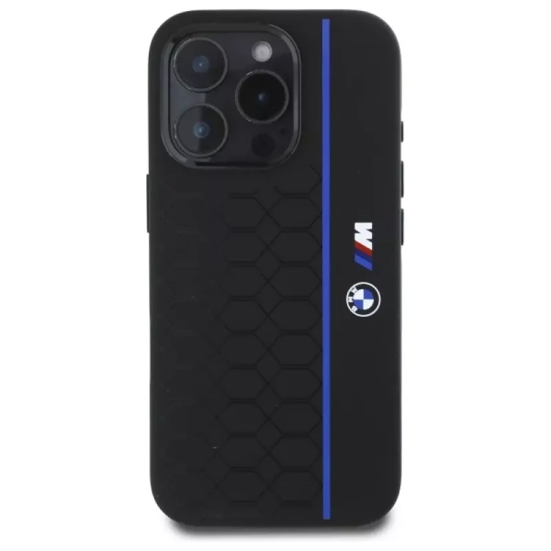 BMW BMHMP16L23SHEB iPhone 16 Pro Hard Case Silicone Hexagon Blue Line MagSafe Black