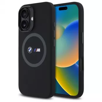 BMW M Collection Silikon-Rückseitenhülle für Apple iPhone 16 6,1 Zoll Schwarz mit MagSafe und bedrucktem Ring