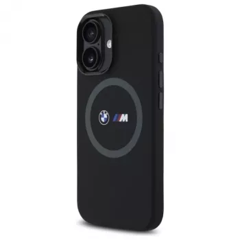 BMW M Collection Silikon-Rückseitenhülle für Apple iPhone 16 6,1 Zoll Schwarz mit MagSafe und bedrucktem Ring