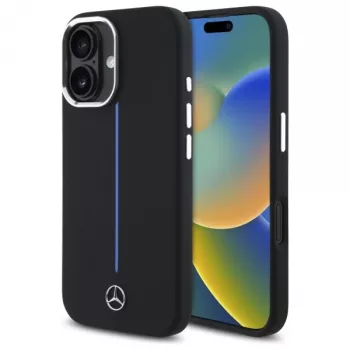 Mercedes-Benz MEHMP16S23SUMBK iPhone 16 6,1 Zoll Schwarze Silikon-Hartschale mit blauem Streifen MagSafe