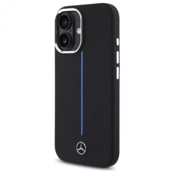 Mercedes-Benz MEHMP16S23SUMBK iPhone 16 6,1 Zoll Schwarze Silikon-Hartschale mit blauem Streifen MagSafe