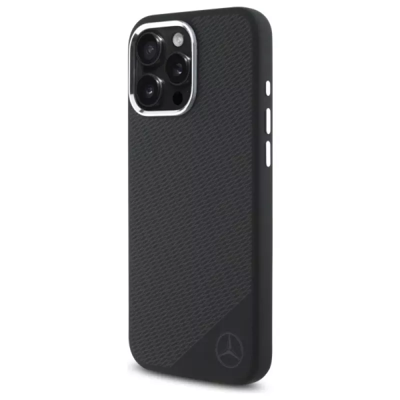 Mercedes-Benz iPhone 16 Pro 6,3 inch Silikon-Hardcase mit Tonal-Logo und Holz-Muster, MagSafe - Schwarz