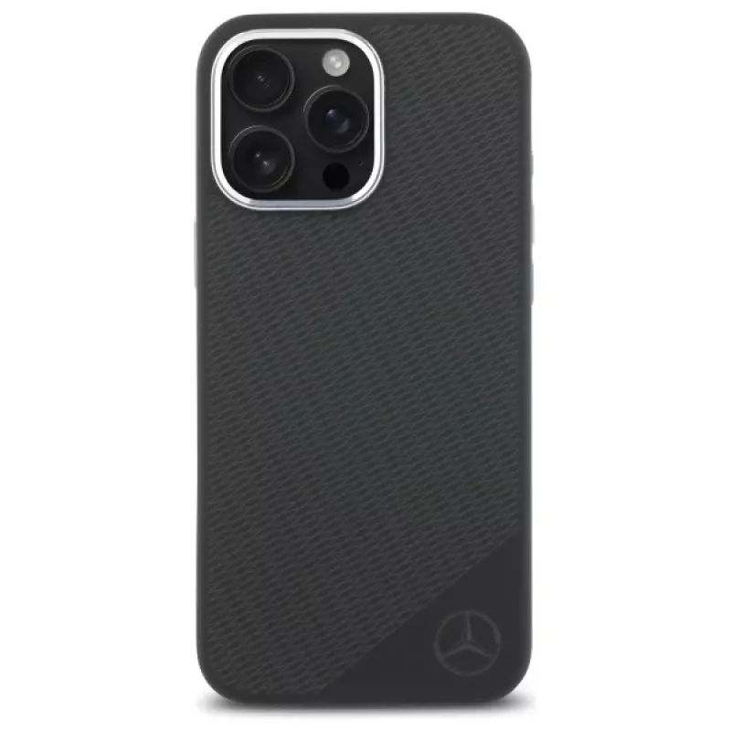 Mercedes-Benz iPhone 16 Pro 6,3 inch Silikon-Hardcase mit Tonal-Logo und Holz-Muster, MagSafe - Schwarz