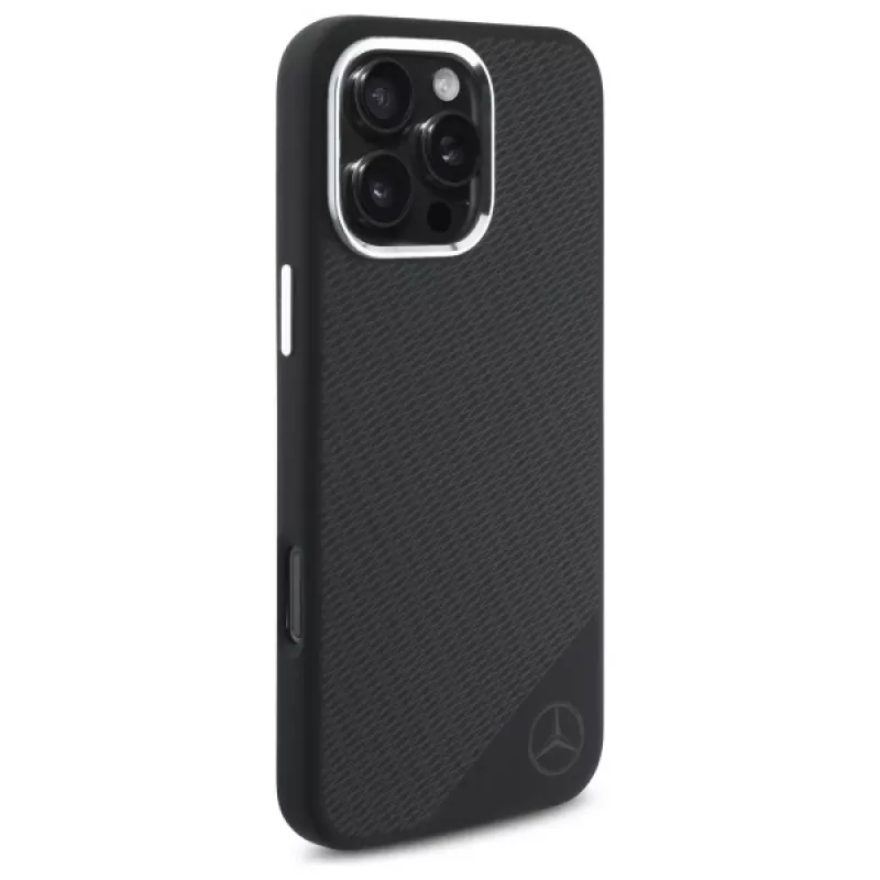 Mercedes-Benz iPhone 16 Pro 6,3 inch Silikon-Hardcase mit Tonal-Logo und Holz-Muster, MagSafe - Schwarz