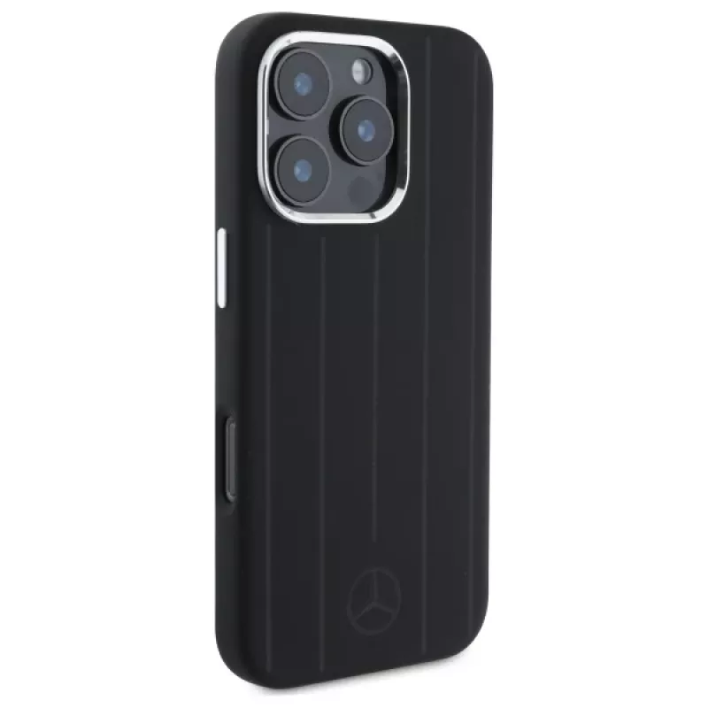 MERCEDES-BENZ iPhone 16 Pro 6.3 Black Silicone Hard Case with Vertical Tonal Stripes MagSafe