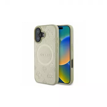 Guess Saffiano Peony Classic Logo MagSafe Case für iPhone 16 (Gold)