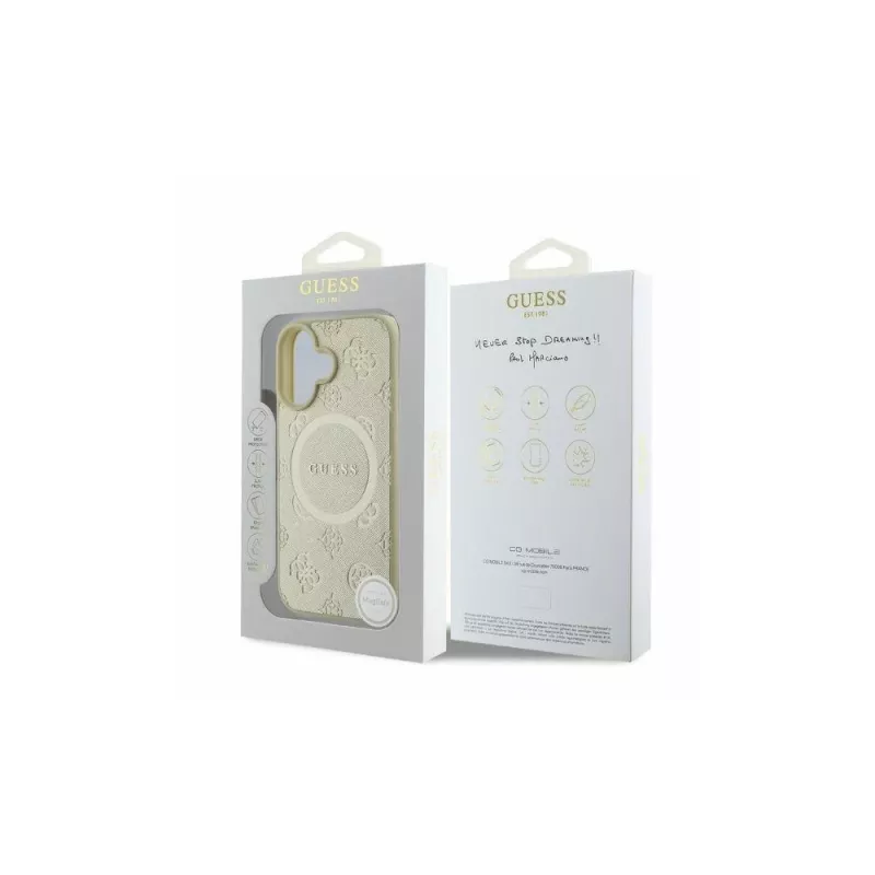 Guess Saffiano Peony Classic Logo MagSafe Case für iPhone 16 (Gold)