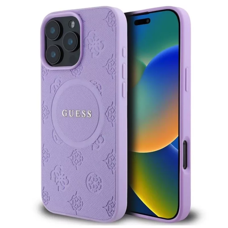 Guess GUHMP16XPSAPSMEU iPhone 16 Pro Max 6,9 Zoll Lila Hardcase Saffiano Peony Classic Logo MagSafe