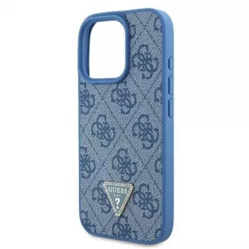 Guess GUHCP16LP4TDSCPB iPhone 16 Pro 6,3 inch blaue Leder-Hardcase mit Metall-Logo, Strasssteinen und Umhängeriemen