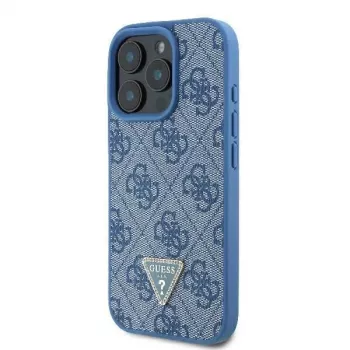 Guess GUHCP16LP4TDSCPB iPhone 16 Pro 6,3 inch blaue Leder-Hardcase mit Metall-Logo, Strasssteinen und Umhängeriemen