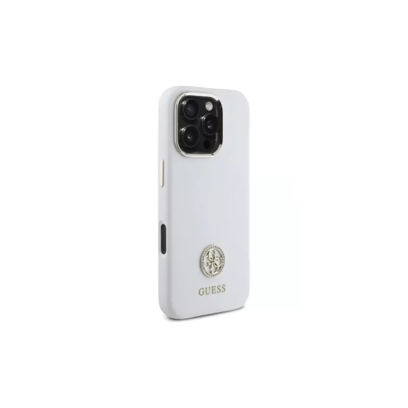 Guess GUHCP16LM4DGPH iPhone 16 Pro 6,3 Zoll Weiße Silikon-Hülle mit Strass-Logo 4G