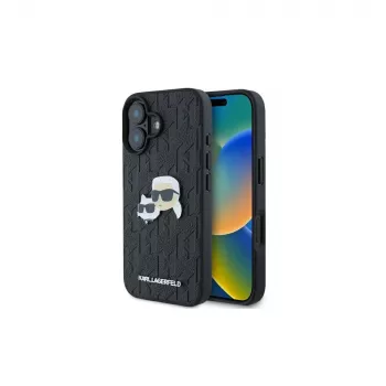 Karl Lagerfeld Monogram Karl & Choupette Head Pin Case für iPhone 16 (Schwarz)