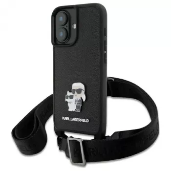 Karl Lagerfeld Saffiano Karl & Choupette Metal Pin CBDY Strap Hard Case für iPhone 16 6.1, Schwarz