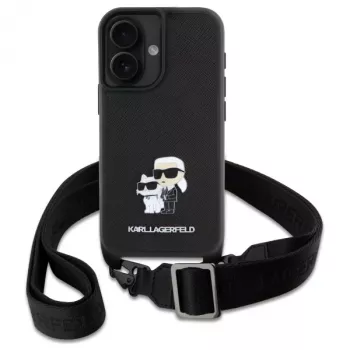 Karl Lagerfeld Saffiano Karl & Choupette Metal Pin CBDY Strap Hard Case für iPhone 16 6.1, Schwarz