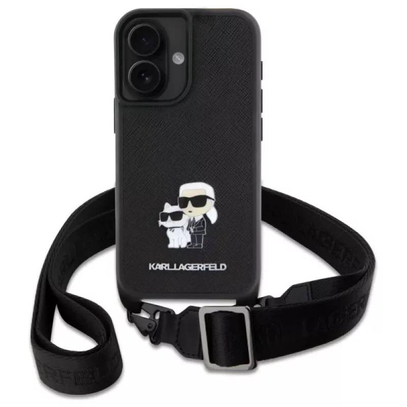 Karl Lagerfeld Saffiano Karl & Choupette Metal Pin CBDY Strap Hard Case für iPhone 16 6.1, Schwarz