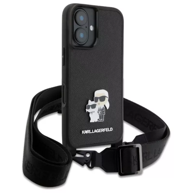 Karl Lagerfeld Saffiano Karl & Choupette Metal Pin CBDY Strap Hard Case für iPhone 16 6.1, Schwarz