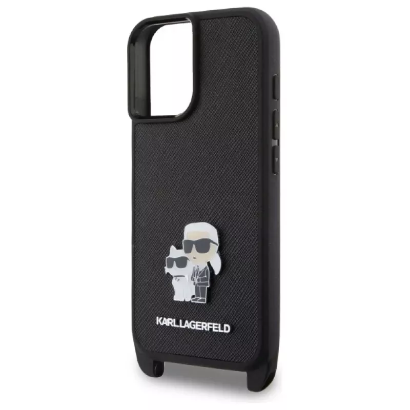Karl Lagerfeld Saffiano Karl & Choupette Metal Pin CBDY Strap Hard Case für iPhone 16 6.1, Schwarz
