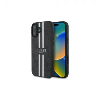 Guess GUHMP16SP4RPSK iPhone 16 6.1-Zoll Hartschale Schwarz 4G Printed Stripes MagSafe