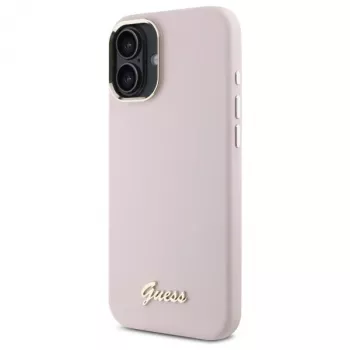 Guess GUHCP16SSMBSLP iPhone 16 6,1 Zoll Pink Silikon Hartschale mit Script Metall-Logo und Rahmen