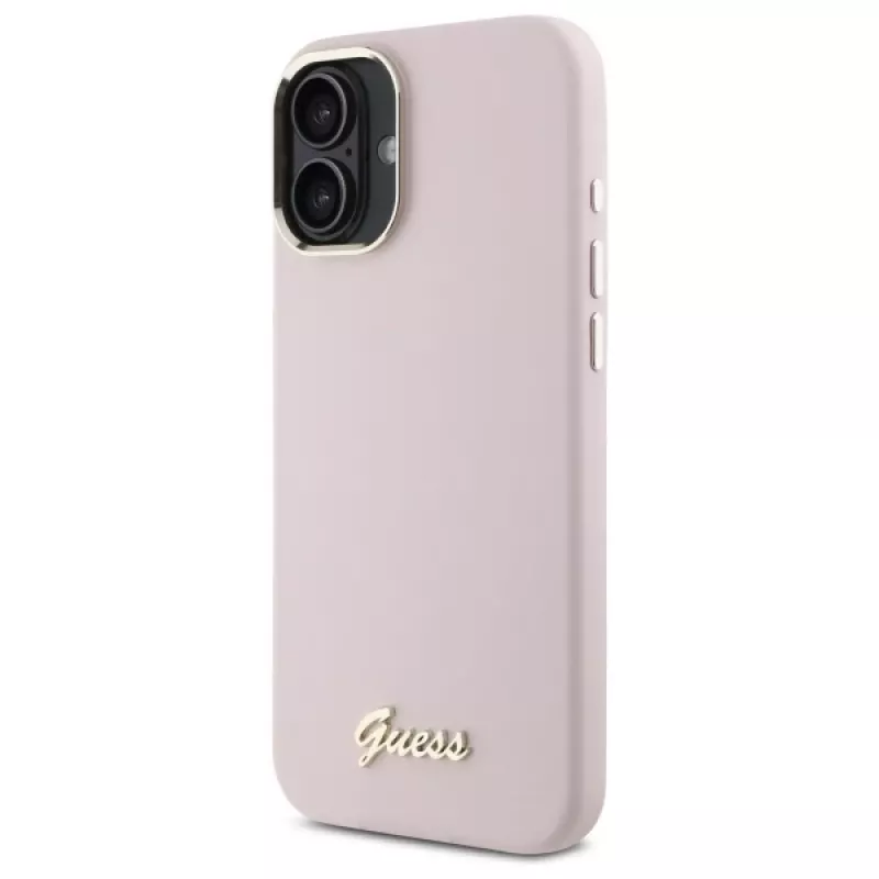 Guess GUHCP16SSMBSLP iPhone 16 6,1 Zoll Pink Silikon Hartschale mit Script Metall-Logo und Rahmen