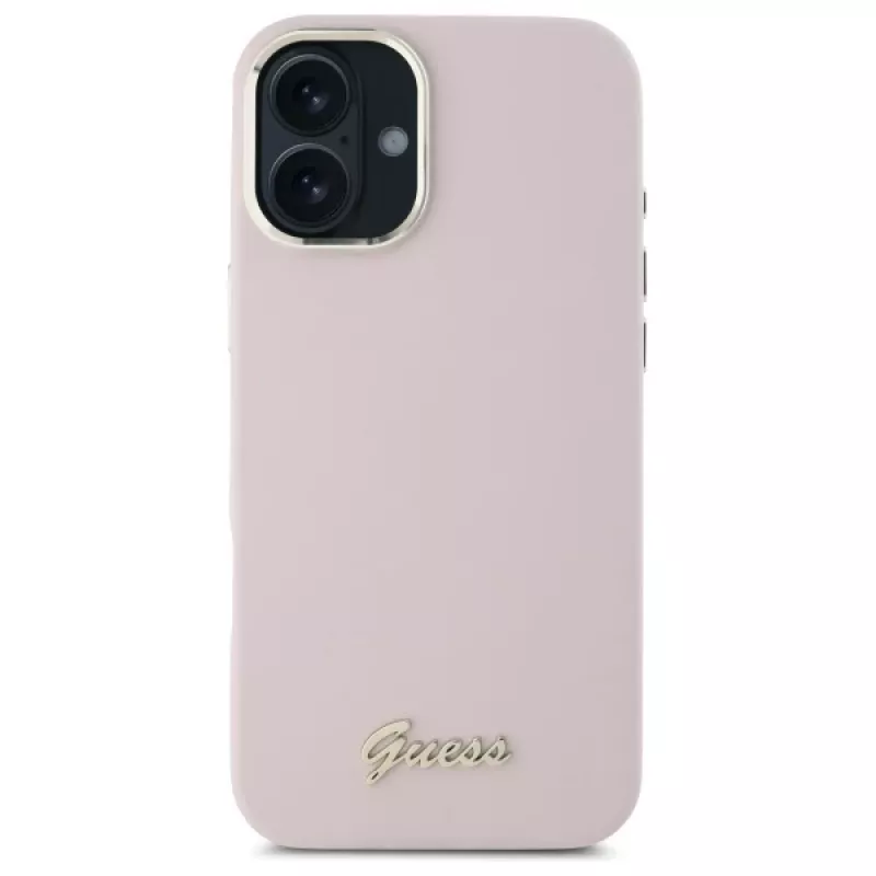 Guess GUHCP16SSMBSLP iPhone 16 6,1 Zoll Pink Silikon Hartschale mit Script Metall-Logo und Rahmen