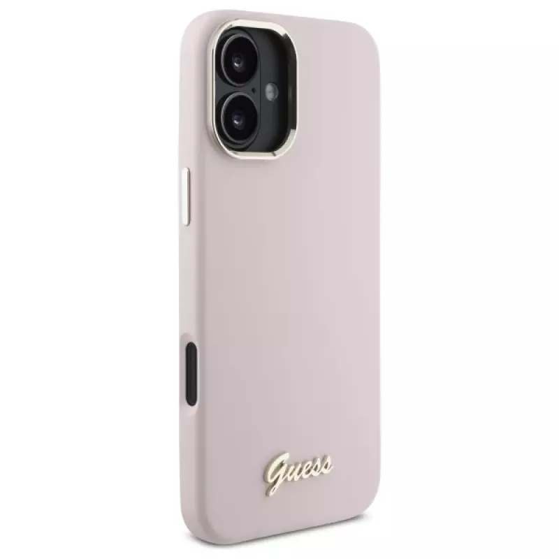 Guess GUHCP16SSMBSLP iPhone 16 6,1 Zoll Pink Silikon Hartschale mit Script Metall-Logo und Rahmen