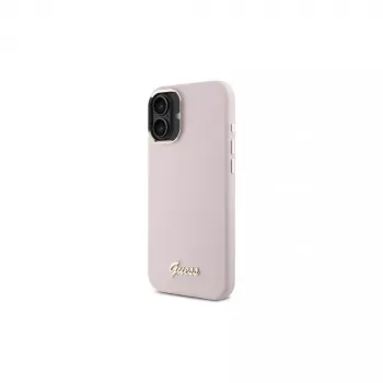Guess GUHCP16MSMBSLP iPhone 16 Plus 6,7 Zoll Pink Silikon Hartschale mit Script-Metall-Logo und Rahmen