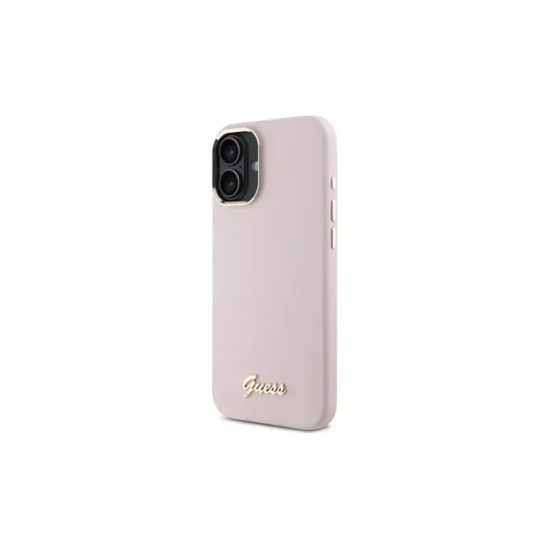 Guess GUHCP16MSMBSLP iPhone 16 Plus 6,7 Zoll Pink Silikon Hartschale mit Script-Metall-Logo und Rahmen