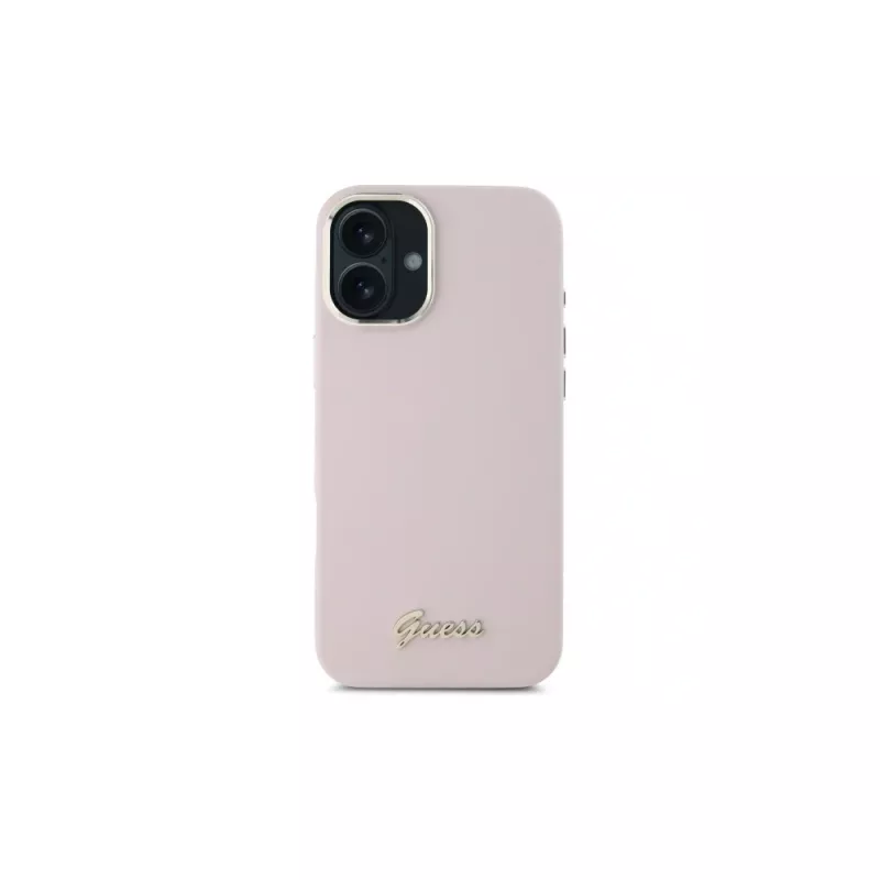 Guess GUHCP16MSMBSLP iPhone 16 Plus 6,7 Zoll Pink Silikon Hartschale mit Script-Metall-Logo und Rahmen