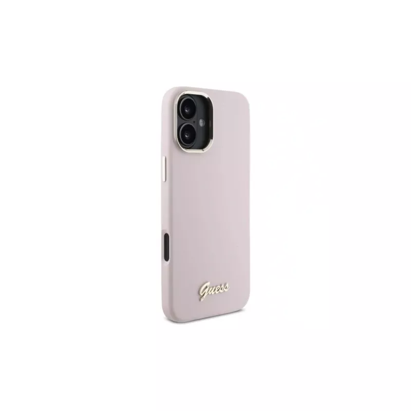Guess GUHCP16MSMBSLP iPhone 16 Plus 6,7 Zoll Pink Silikon Hartschale mit Script-Metall-Logo und Rahmen