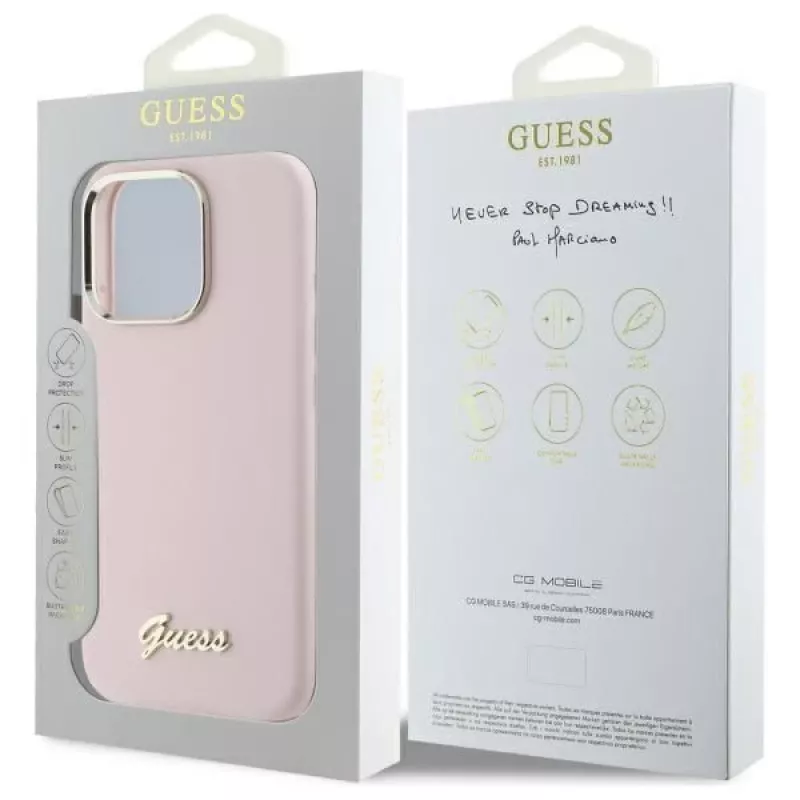 Guess GUHCP16LSMBSLP iPhone 16 Pro 6,3 Zoll Pink Silikon Hartschale mit Script Metal Logo & Rahmen