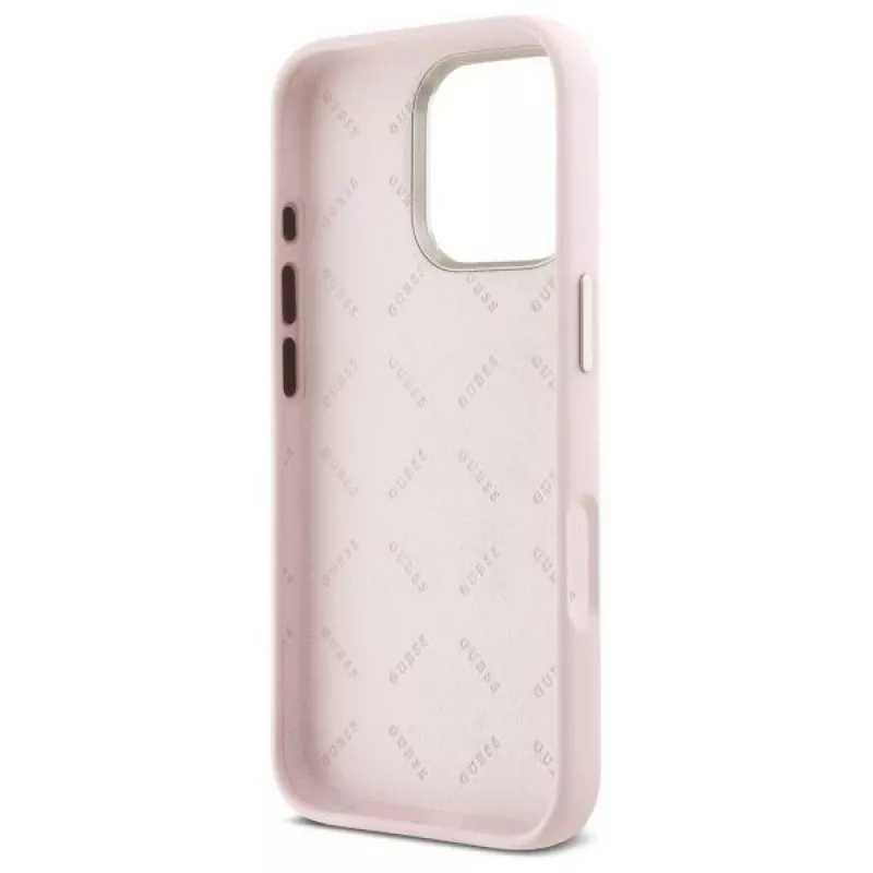 Guess GUHCP16LSMBSLP iPhone 16 Pro 6,3 Zoll Pink Silikon Hartschale mit Script Metal Logo & Rahmen