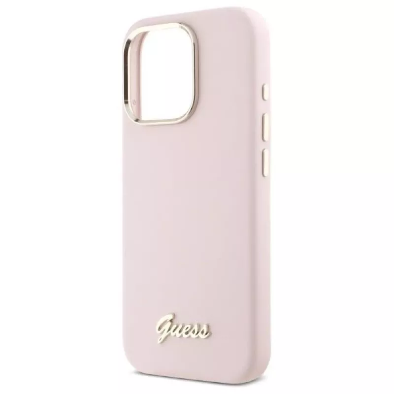 Guess GUHCP16LSMBSLP iPhone 16 Pro 6,3 Zoll Pink Silikon Hartschale mit Script Metal Logo & Rahmen