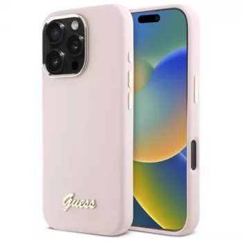 Guess GUHCP16LSMBSLP iPhone 16 Pro 6,3 Zoll Pink Silikon Hartschale mit Script Metal Logo & Rahmen