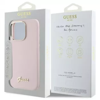 Guess GUHCP16XSMBSLP iPhone 16 Pro Max 6,9 Zoll Pink Silikon Hartschale mit Metal Script Logo & Rahmen