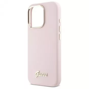 Guess GUHCP16XSMBSLP iPhone 16 Pro Max 6,9 Zoll Pink Silikon Hartschale mit Metal Script Logo & Rahmen