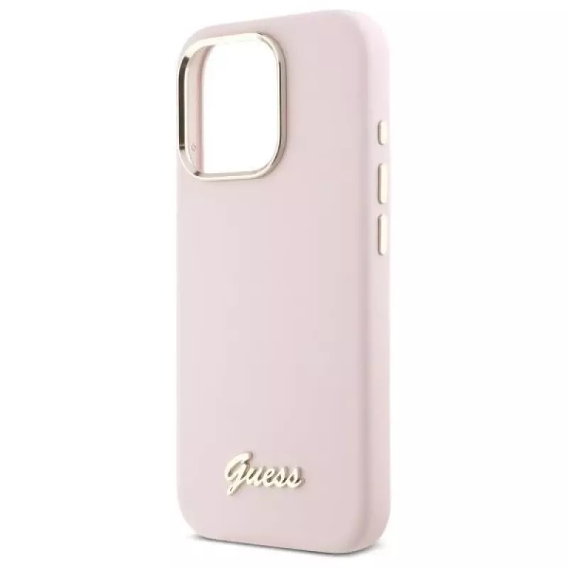 Guess GUHCP16XSMBSLP iPhone 16 Pro Max 6,9 Zoll Pink Silikon Hartschale mit Metal Script Logo & Rahmen
