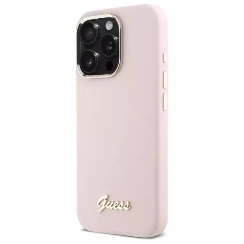 Guess GUHCP16XSMBSLP iPhone 16 Pro Max 6,9 Zoll Pink Silikon Hartschale mit Metal Script Logo & Rahmen
