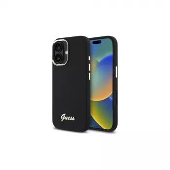 Guess GUHCP16SSMBSLK iPhone 16 6,1 Zoll Schwarze Silikon-Hülle mit Metall-Schriftzug und Rahmen