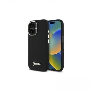 Guess GUHCP16MSMBSLK Silicone Script Metal Logo & Frame Hard Case für Apple iPhone 16 Plus 6,7 Zoll - Schwarz