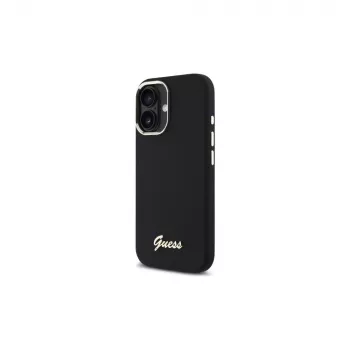 Guess GUHCP16MSMBSLK Silicone Script Metal Logo & Frame Hard Case für Apple iPhone 16 Plus 6,7 Zoll - Schwarz