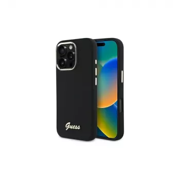 Guess GUHCP16LSMBSLK iPhone 16 Pro 6,3 Zoll Black Hardcase Silicone Script Metal Logo & Frame
