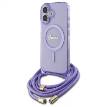 Guess GUHMP16SHCTSGNSU iPhone 16 6,1 Zoll Lila Hardcase Crossbody Cord Script MagSafe