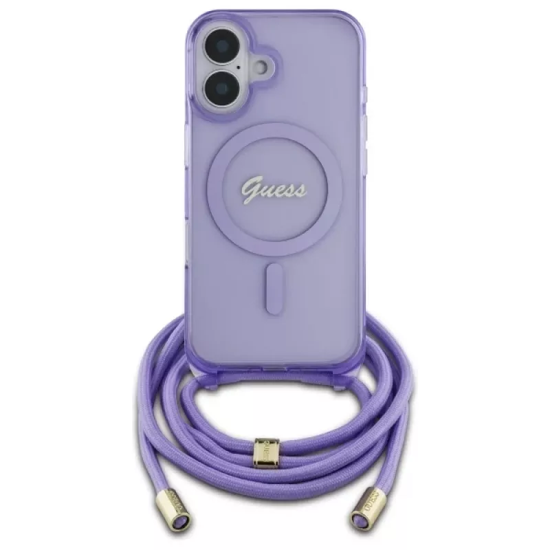 Guess GUHMP16SHCTSGNSU iPhone 16 6,1 Zoll Lila Hardcase Crossbody Cord Script MagSafe