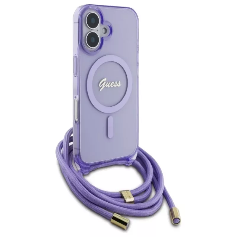 Guess GUHMP16SHCTSGNSU iPhone 16 6,1 Zoll Lila Hardcase Crossbody Cord Script MagSafe