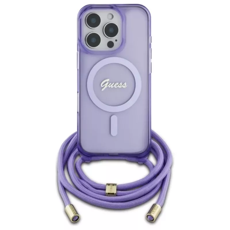 Guess GUHMP16LHCTSGNSU iPhone 16 Pro 6,3 Zoll Lila Hardcase Crossbody Cord Script MagSafe