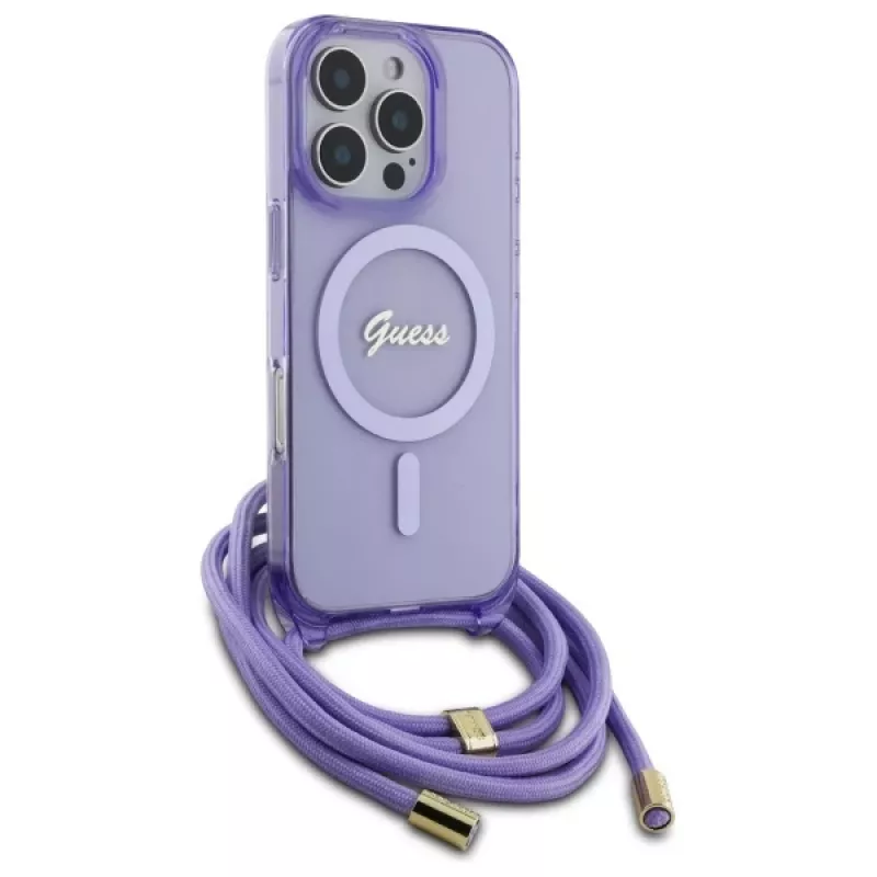 Guess GUHMP16LHCTSGNSU iPhone 16 Pro 6,3 Zoll Lila Hardcase Crossbody Cord Script MagSafe