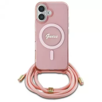 Guess GUHMP16SHCTSGNSP iPhone 16 6,1 Zoll Pink Hardcase Crossbody Cord Script MagSafe